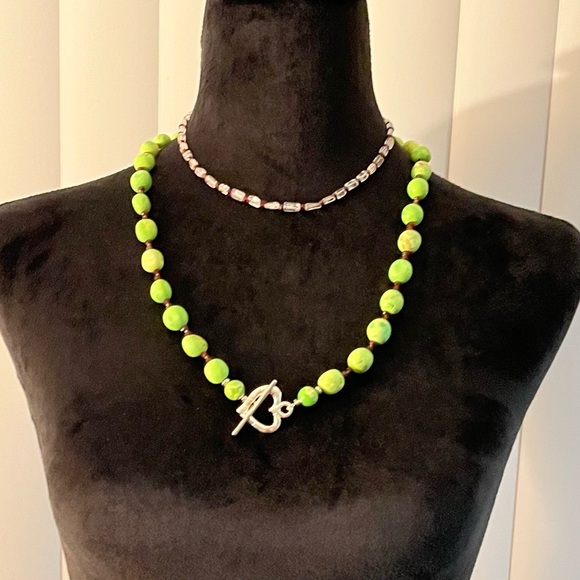 Green Turquoise Silver Heart Toggle Necklace + Clear Quartz-Garnet Necklace - Picture 4 of 7
